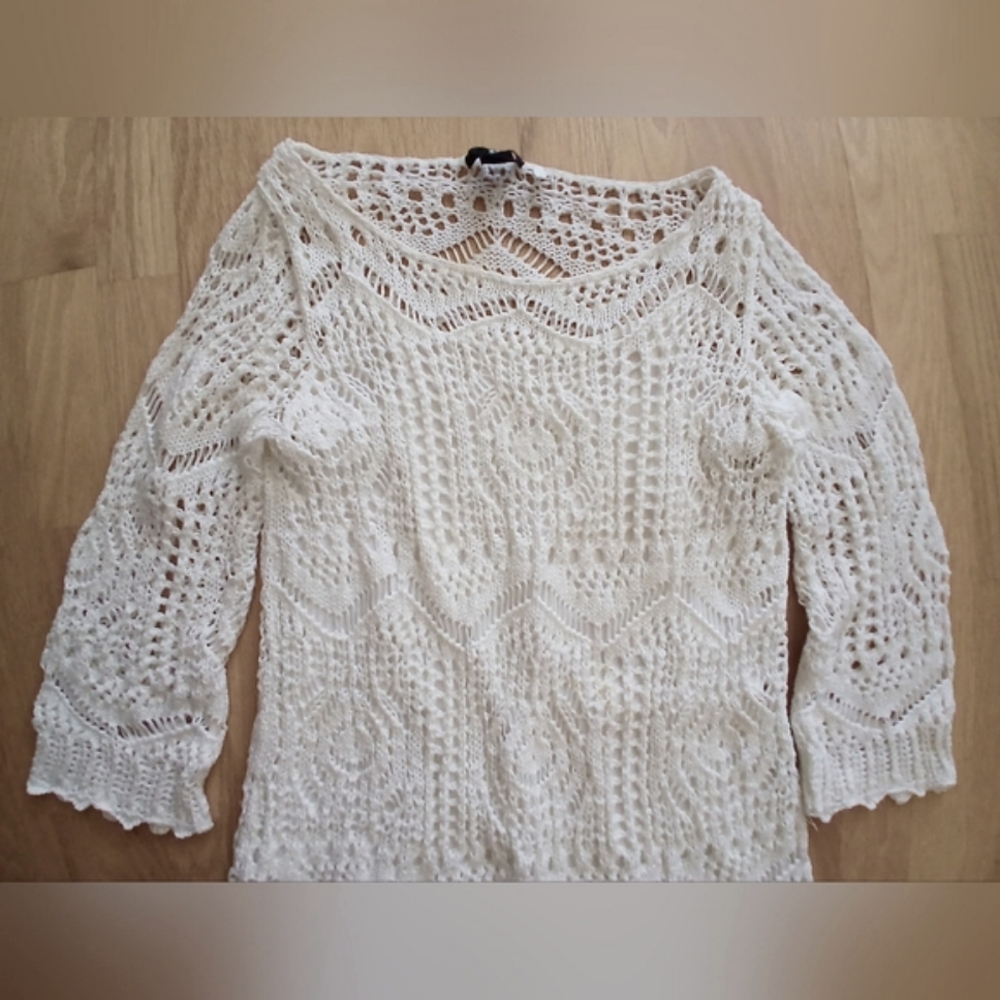 New-Crochet Poly Knit Boho Stretch-Slip Lined Cream/Off White Dress Oversized - Picture 9 of 11